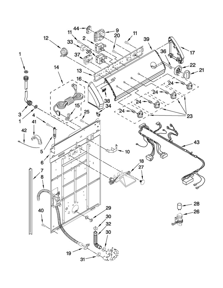 Controls And Rear Panel Parts Diagram and Parts List for 7MMTS0520WW0  Maytag Washer