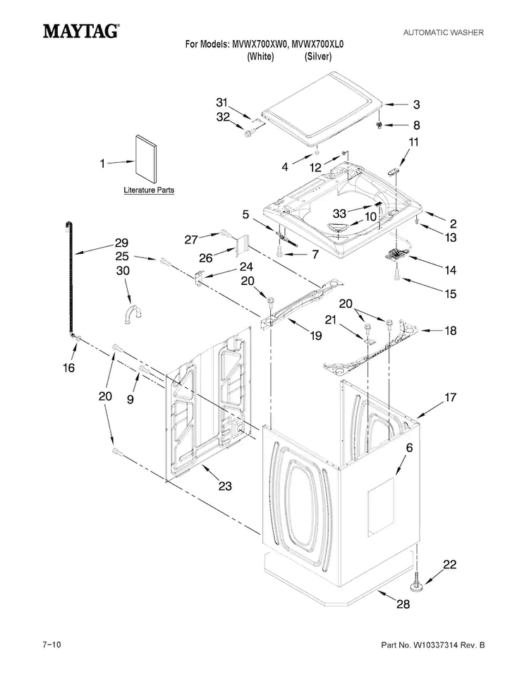 Top And Cabinet Parts Diagram and Parts List for MVWX700XL0  Maytag Washer