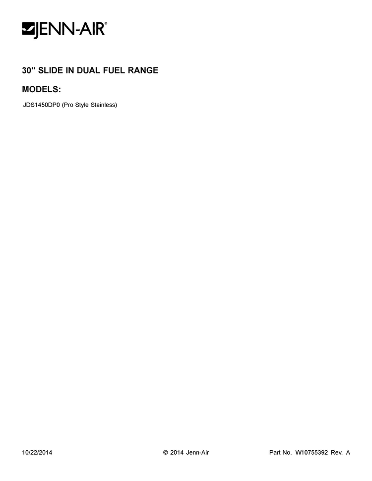 Cover Sheet Diagram and Parts List for JDS1450DP0  Jenn-Air Range