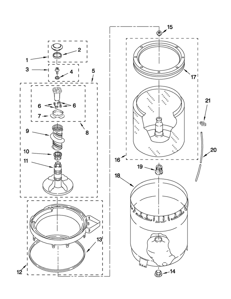 Agitator, Basket And Tub Parts Diagram and Parts List for NTW4500XQ0  Amana Washer
