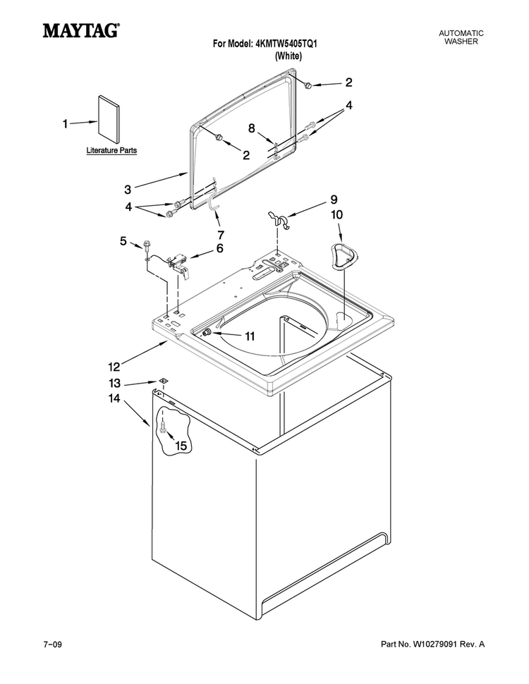 Top And Cabinet Parts Diagram and Parts List for 4KMTW5405TQ1  Maytag Washer
