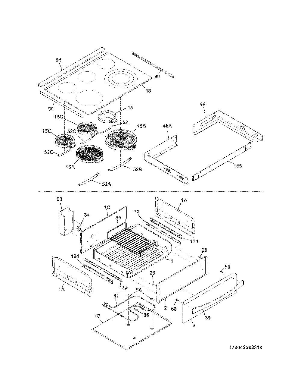 Top/Drawer Diagram and Parts List for 79042563311  Kenmore Range