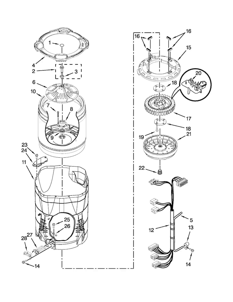Motor, Basket And Tub Parts Diagram and Parts List for MVWB980BW0  Maytag Washer