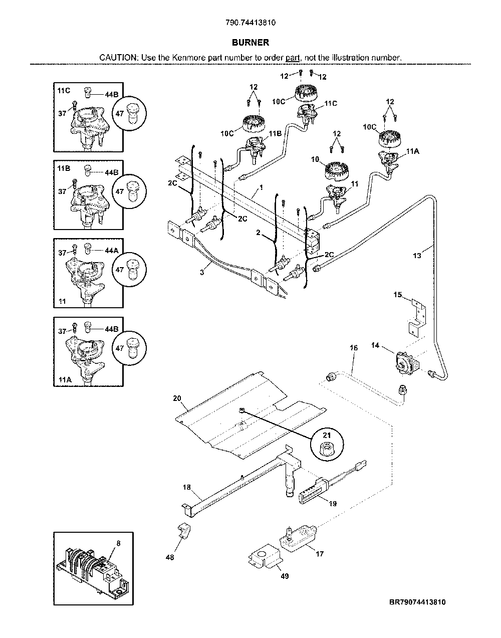 Burner Diagram and Parts List for 79074413810  Kenmore Range