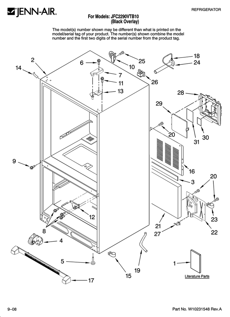 Cabinet Parts Diagram and Parts List for JFC2290VTB10  Jenn-Air Refrigerator
