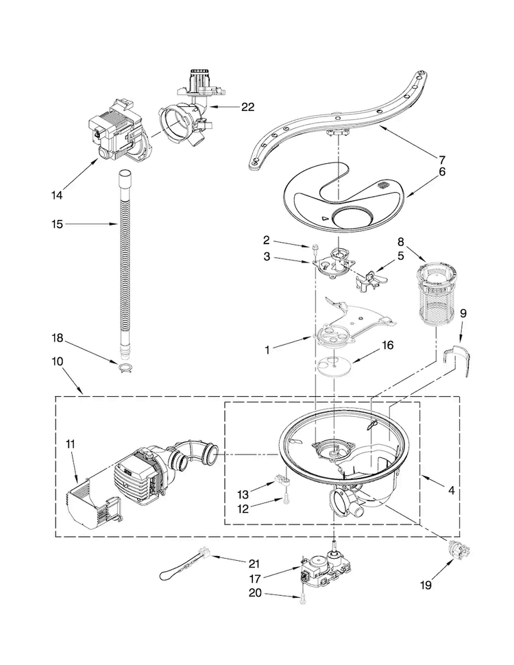 Pump, Washarm And Motor Parts Diagram and Parts List for JDB3600AWS1  Jenn-Air Dishwasher
