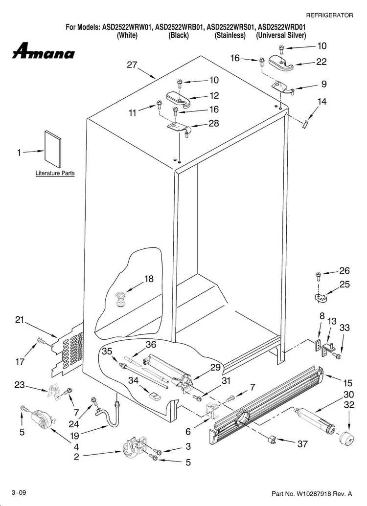 Cabinet Parts Diagram and Parts List for ASD2522WRS01  Amana Refrigerator