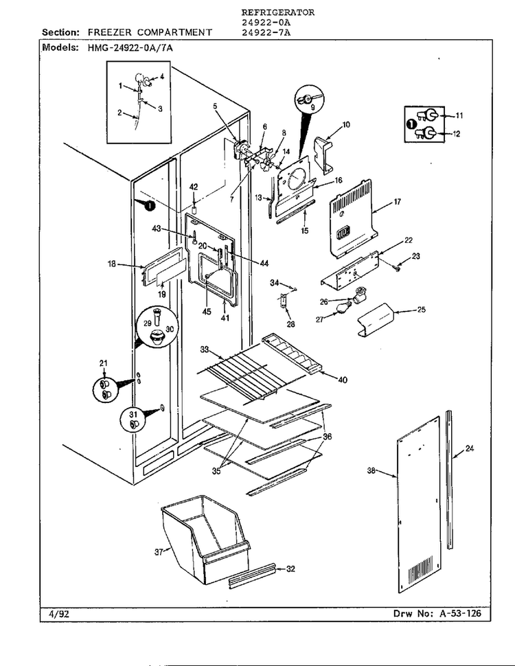 Freezer Compartment Diagram and Parts List for 24922-7A  Admiral Refrigerator