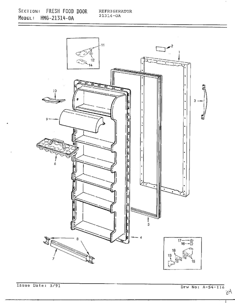 Fresh Food Door Diagram and Parts List for 21314-0A  Admiral Refrigerator