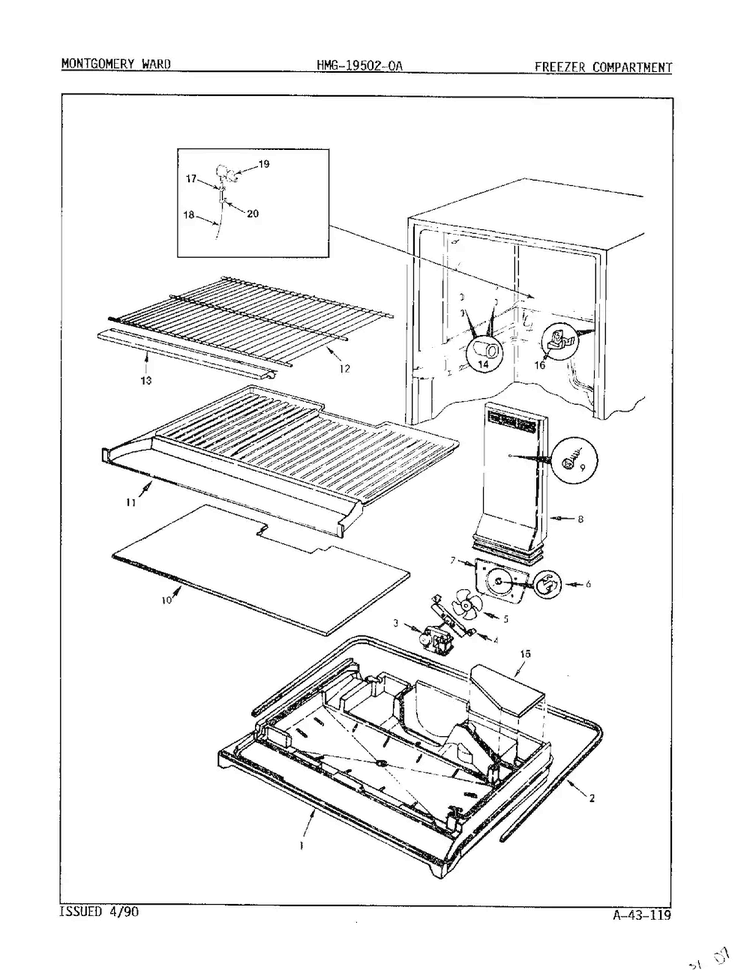 Freezer Compartment Diagram and Parts List for 19502A  Admiral Refrigerator