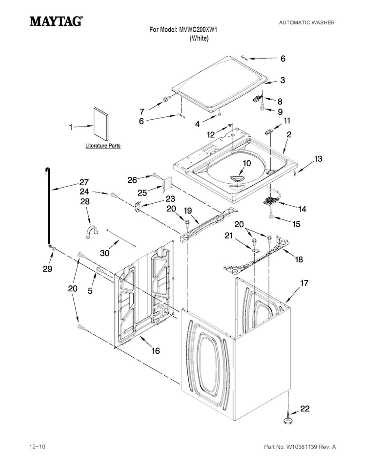 Top And Cabinet Parts Diagram and Parts List for MVWC200XW1  Maytag Washer