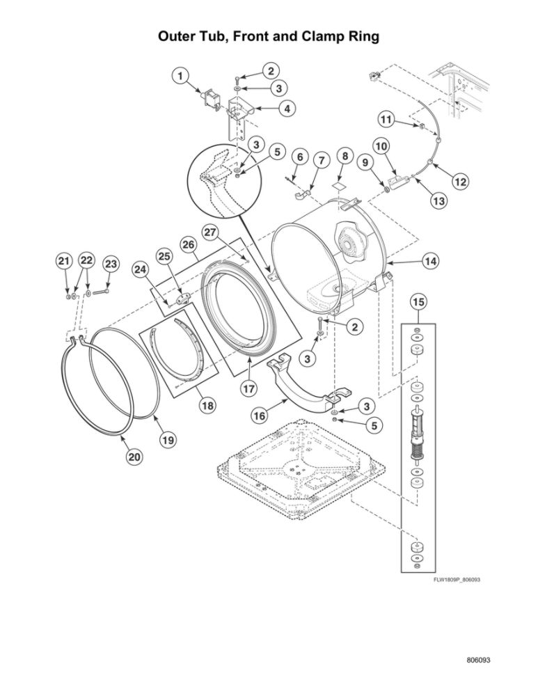 Outer Tub/Front/Clamp Ring Diagram and Parts List for ATGE9ASP115TW01  Speed Queen Washer Dryer Combo