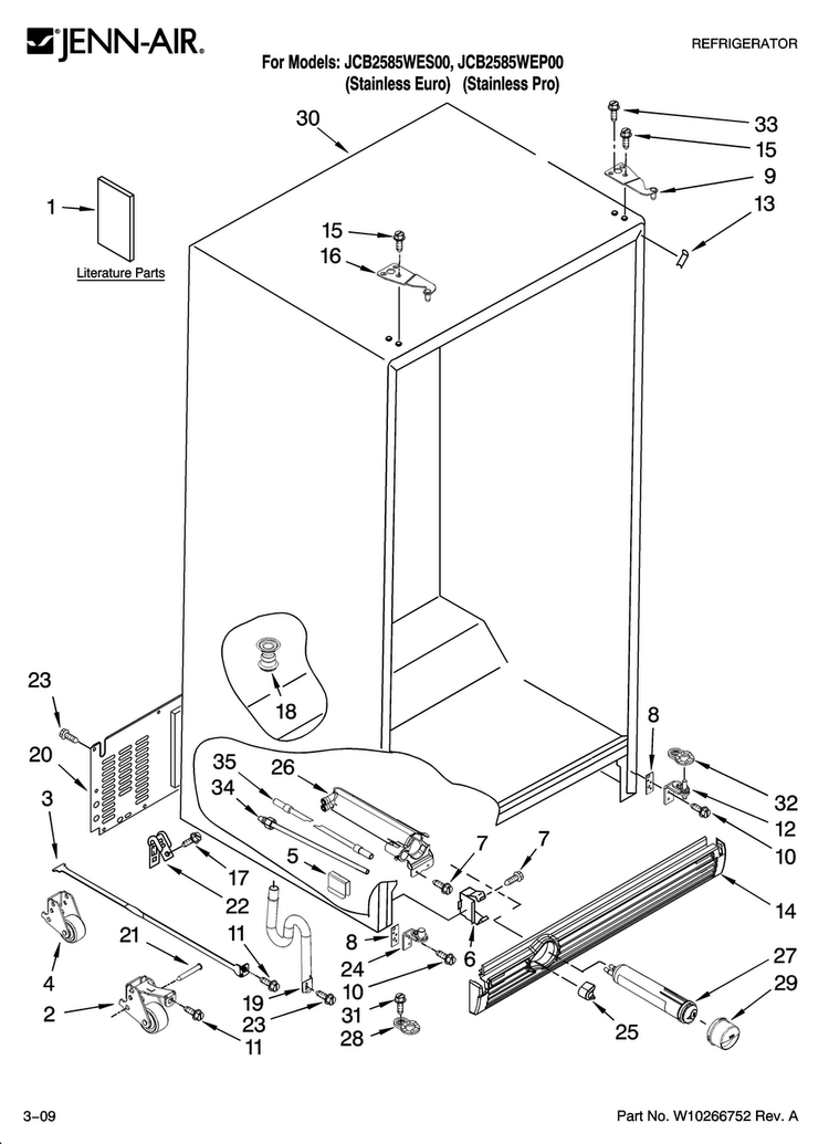 Cabinet Parts Diagram and Parts List for JCB2585WEP00  Jenn-Air Refrigerator
