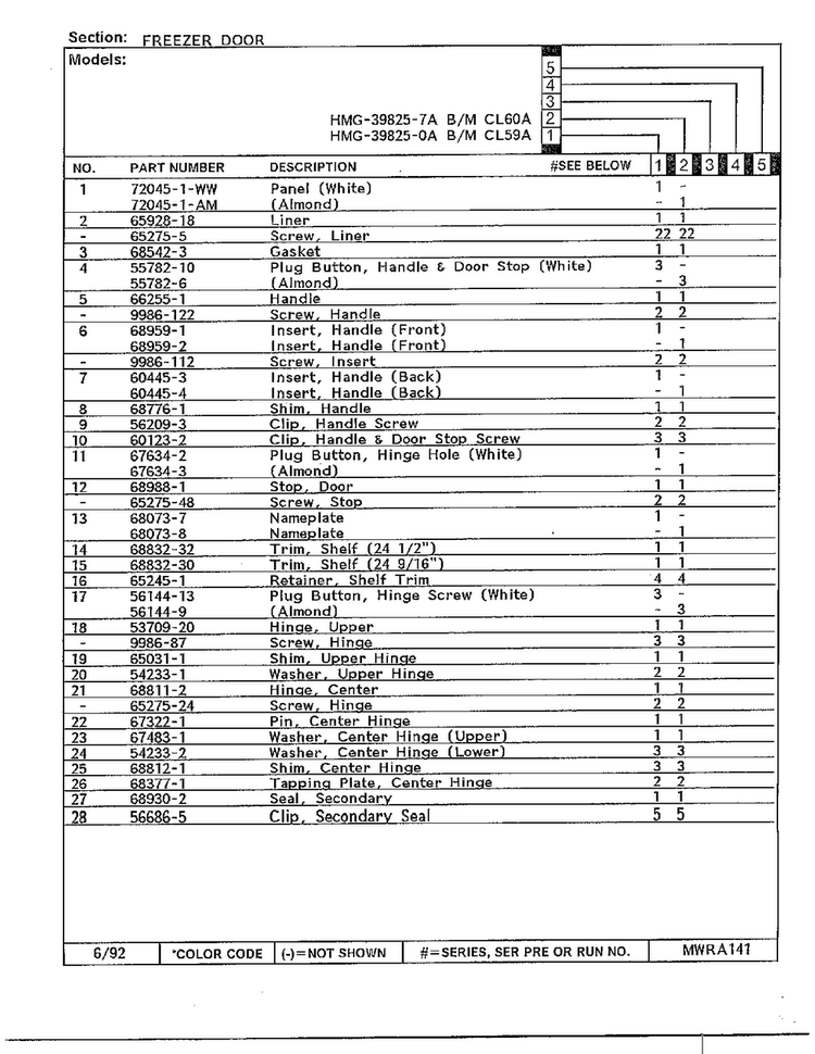 Freezer Door Page 2 Diagram and Parts List for 39825-7A  Admiral Refrigerator