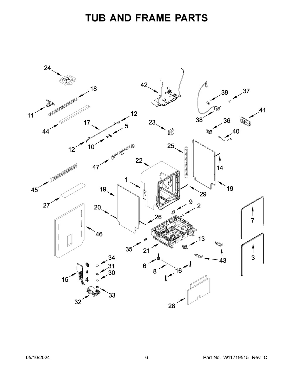 Tub And Frame Parts Diagram and Parts List for JDAF5924RM0  Jenn-Air Dishwasher