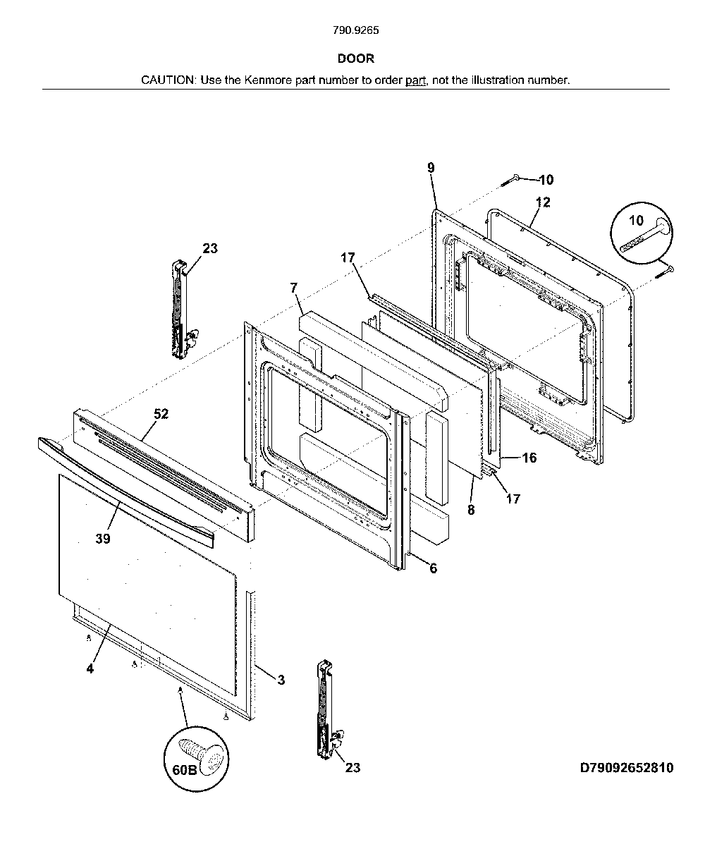 Door Diagram and Parts List for 79092659810  Kenmore Range