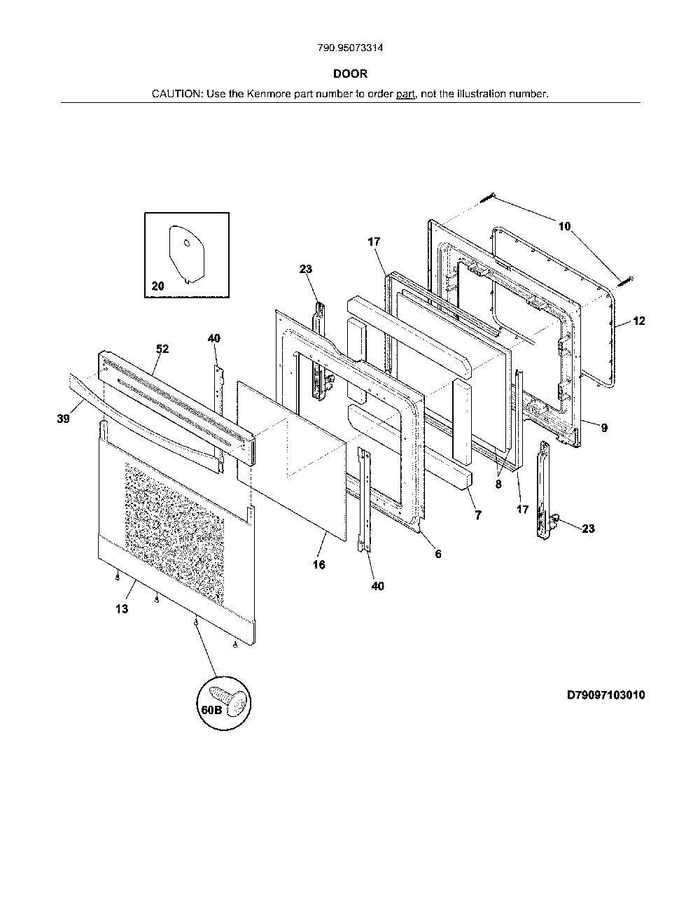 Door Diagram and Parts List for 79095073314  Kenmore Range