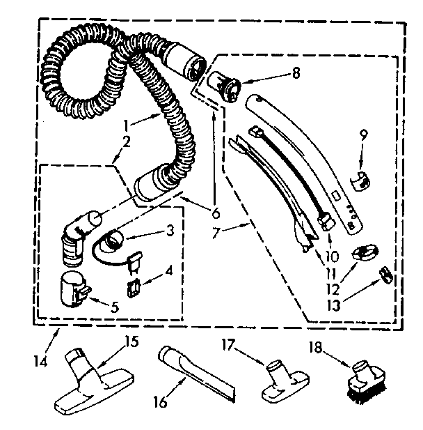 Hose And Attachment Parts Diagram and Parts List for 1162432082  Kenmore Canister Vacuum