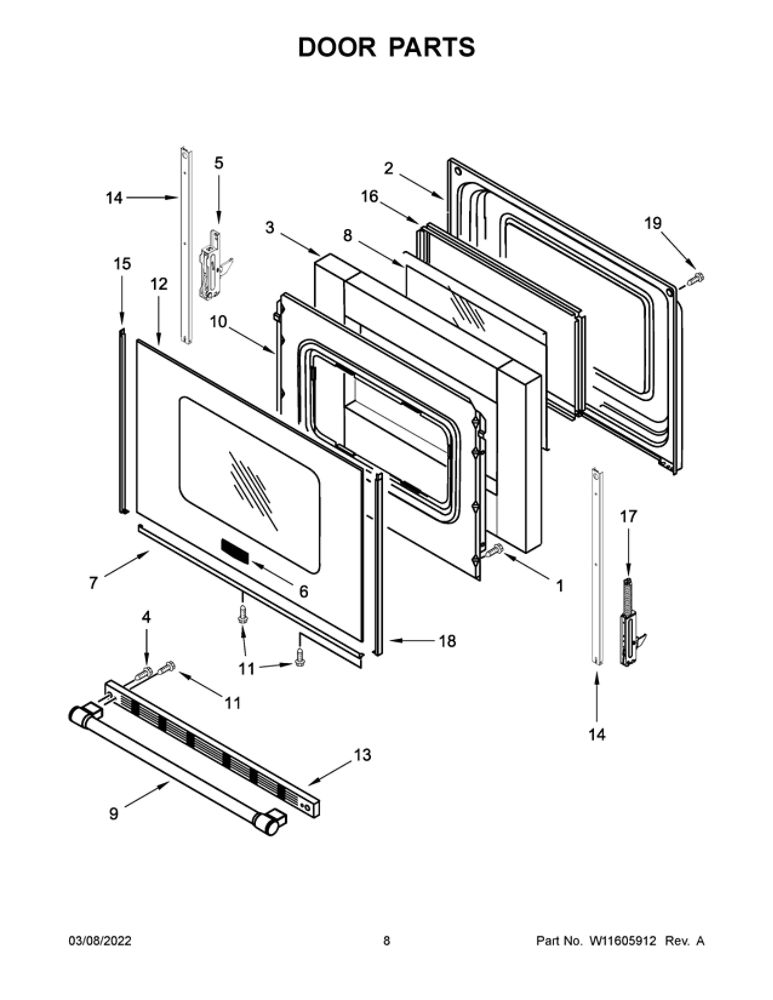 Door Parts Diagram and Parts List for MER6600FW5  Maytag Range