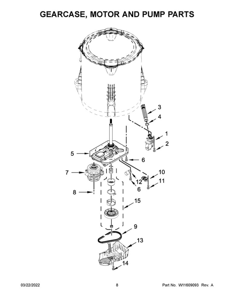 Gearcase, Motor And Pump Parts Diagram and Parts List for NTW4519JW2  Amana Washer