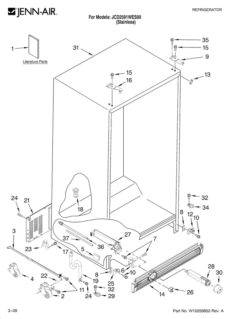 Cabinet Parts Diagram and Parts List for JCD2591WES00  Jenn-Air Refrigerator
