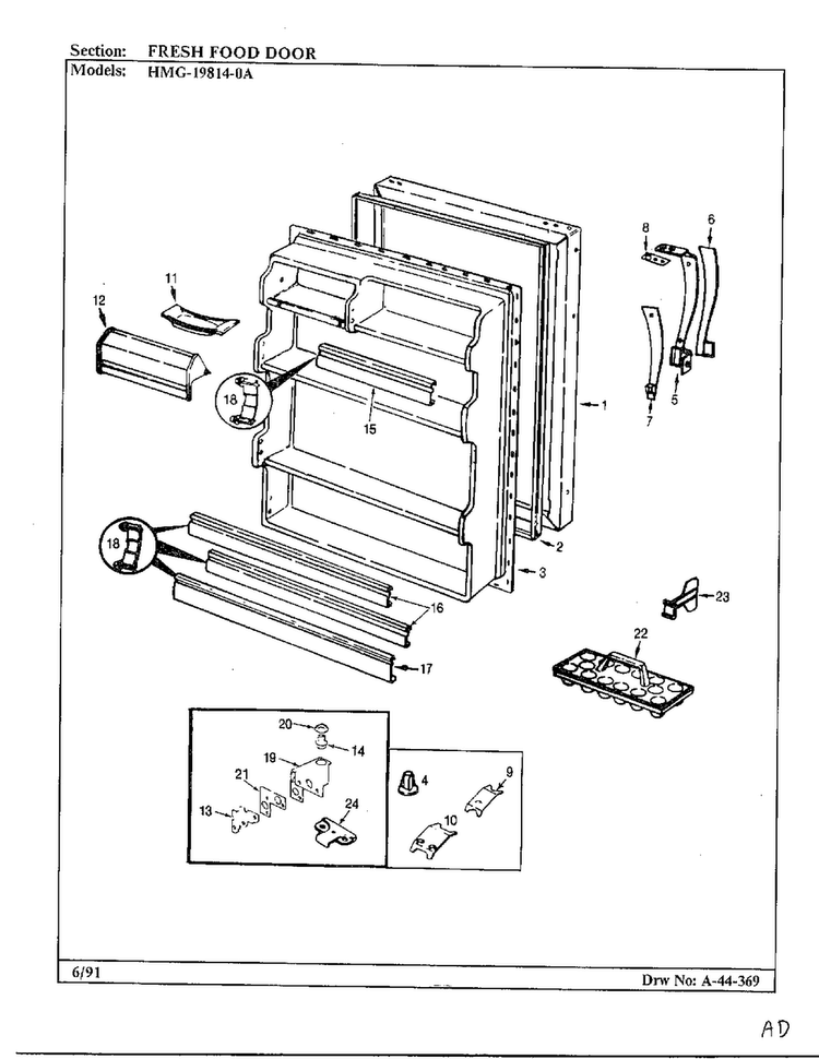 Fresh Food Door Diagram and Parts List for 19814-0A  Admiral Refrigerator