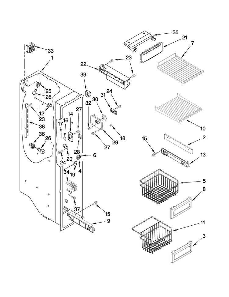 Freezer Liner Parts Diagram and Parts List for JCD2395WES00  Jenn-Air Refrigerator