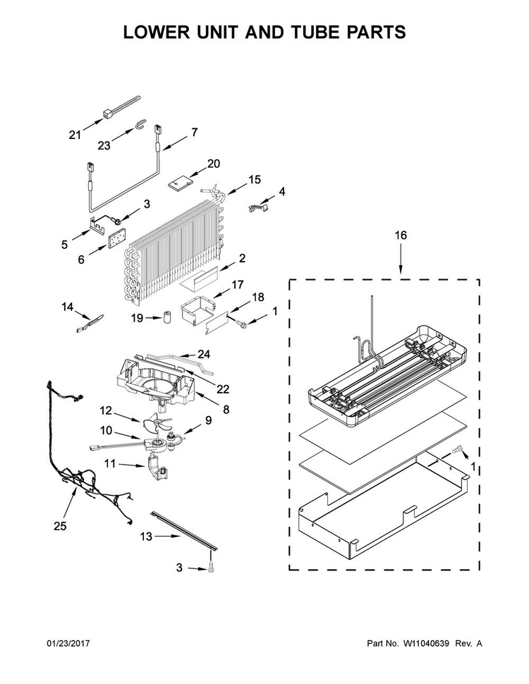 Lower Unit And Tube Parts Diagram and Parts List for JB36NXFXRE01  Jenn-Air Refrigerator