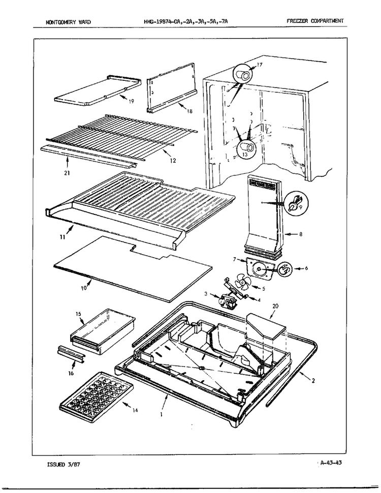 Freezer Compartment Diagram and Parts List for 19874A  Admiral Refrigerator