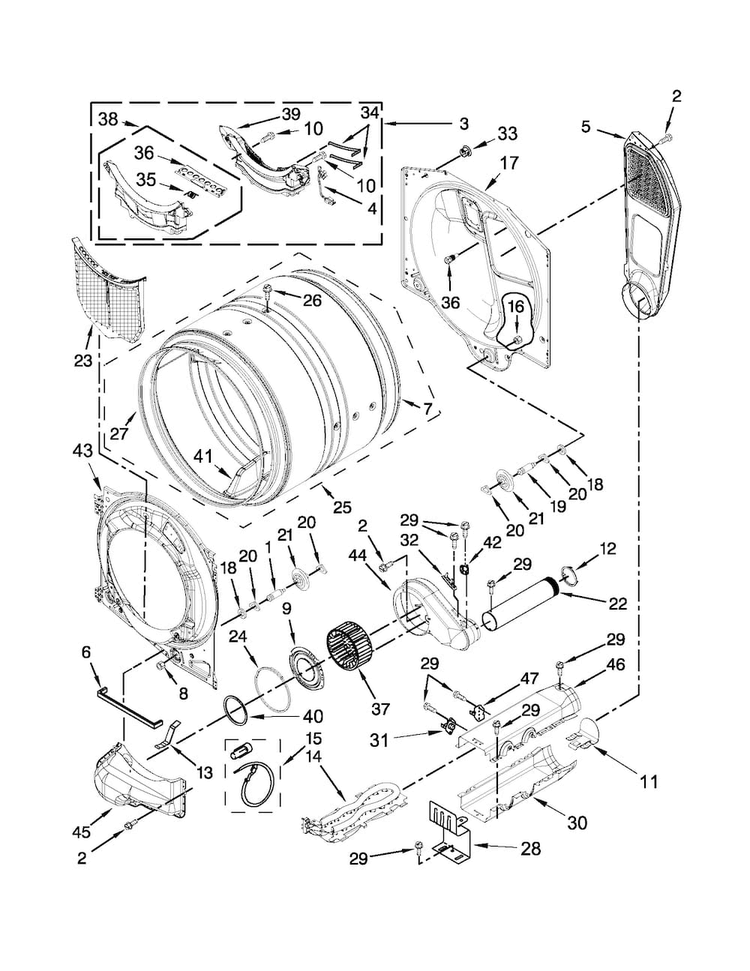 Bulkhead Parts Diagram and Parts List for NED5700BW0  Amana Dryer