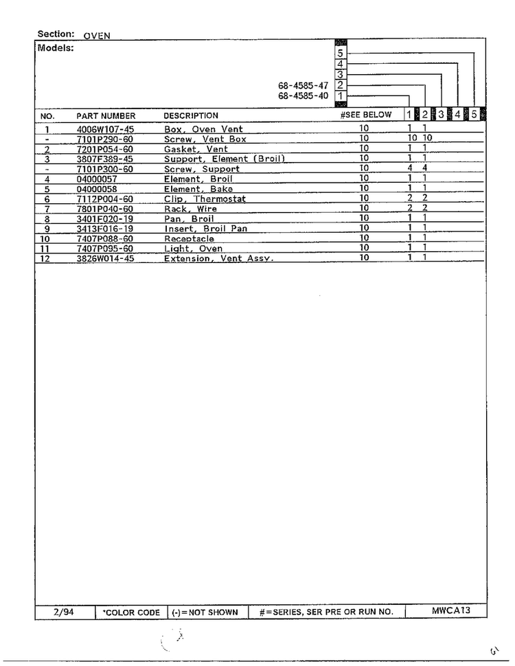 Oven Page 2 Diagram and Parts List for 68-4585-40  Magic Chef Range