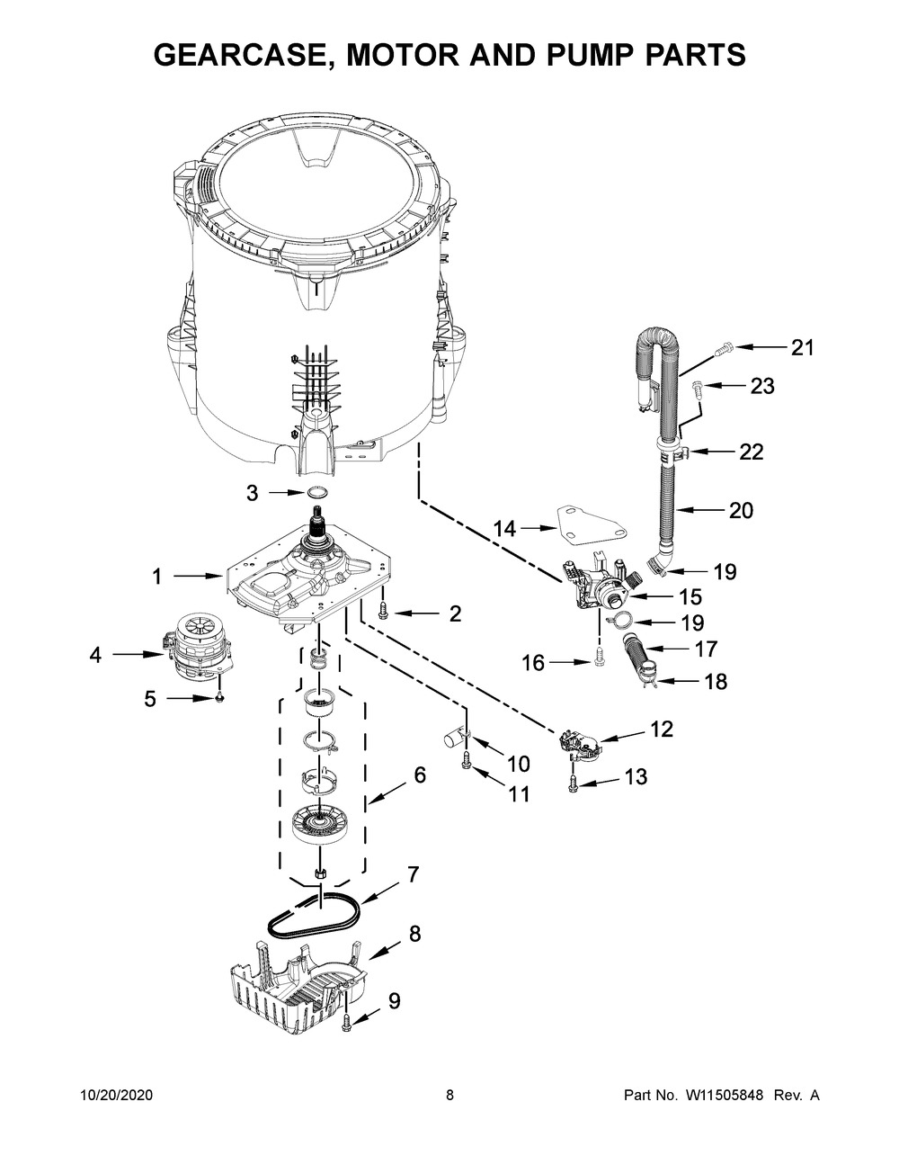 Gearcase, Motor And Pump Parts Diagram and Parts List for MVW6230RHW1  Maytag Washer