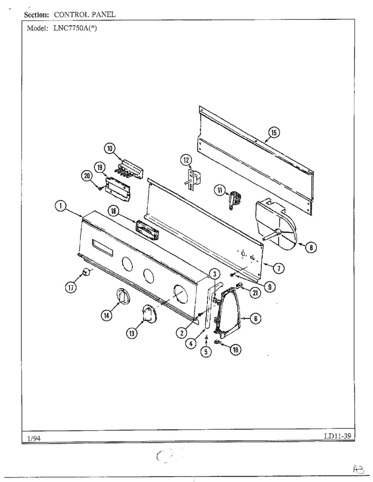 Control Panel Diagram and Parts List for 7750A  Norge Dryer