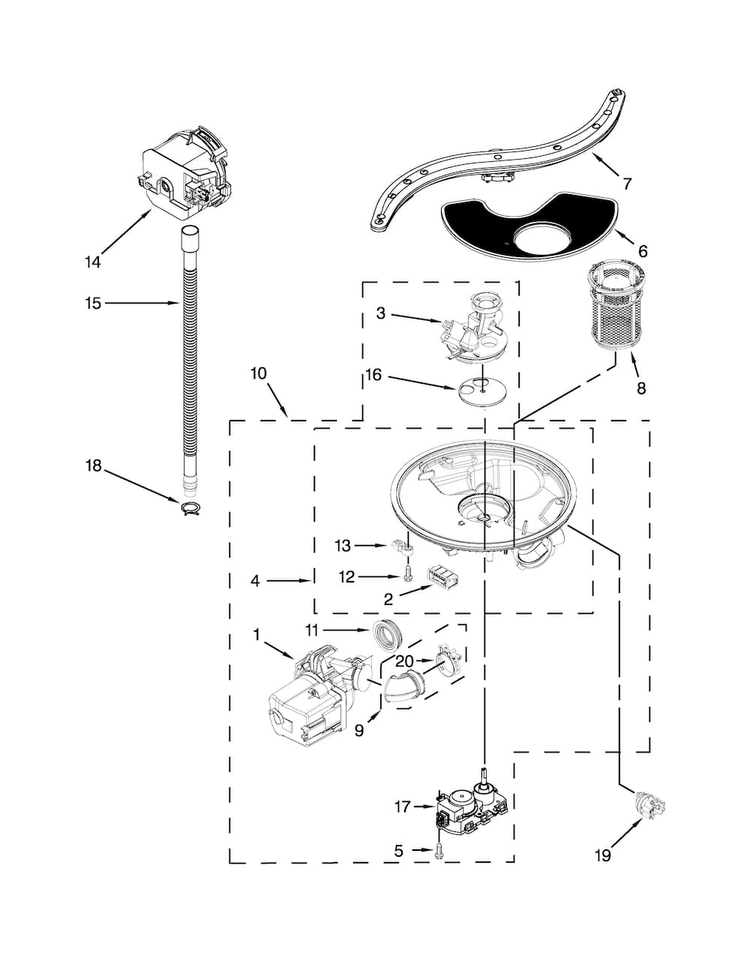 Pump, Washarm And Motor Parts Diagram and Parts List for JDB8700AWS3  Jenn-Air Dishwasher