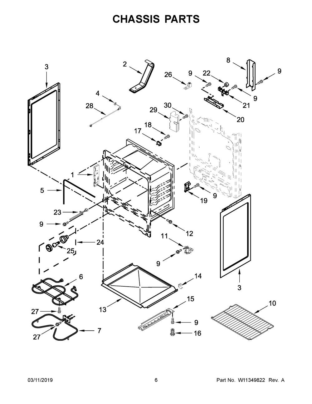Chassis Parts Diagram and Parts List for YAER6303MFW2  Maytag Range