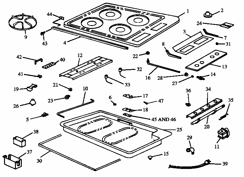 Main Body Diagram and Parts List for RTP306UH-P1131404NH  Caloric Cooktop