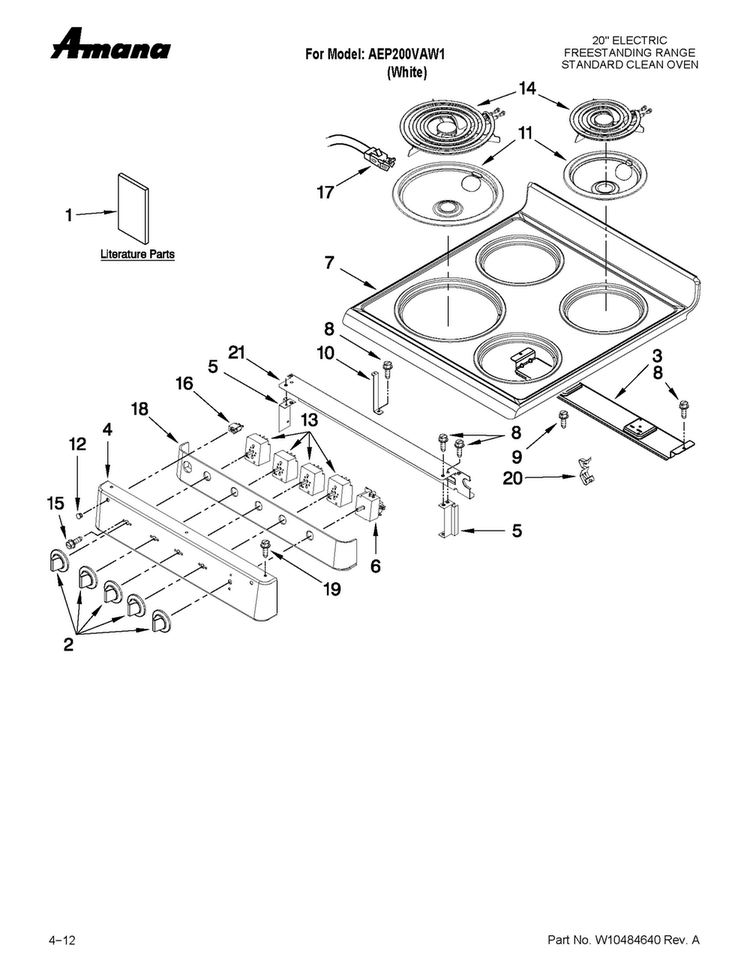 Cooktop Parts Diagram and Parts List for AEP200VAW1  Amana Range