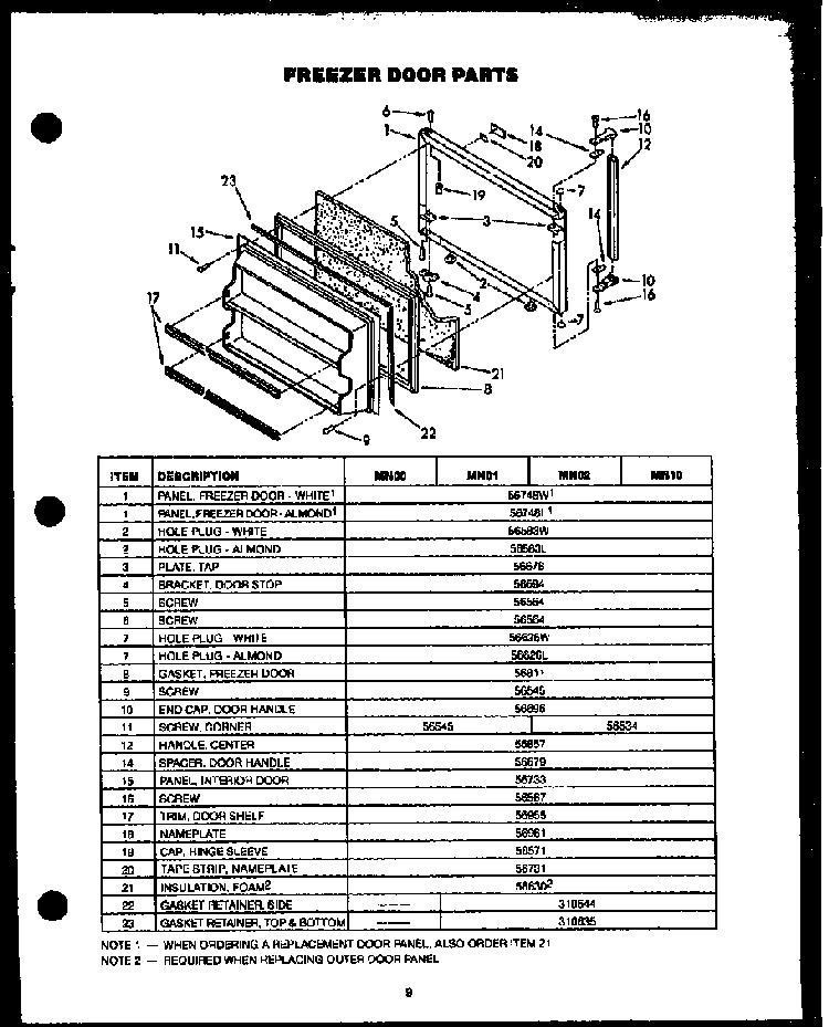 Freezer Door Parts Diagram and Parts List for GFS165 MN10 Caloric Refrigerator