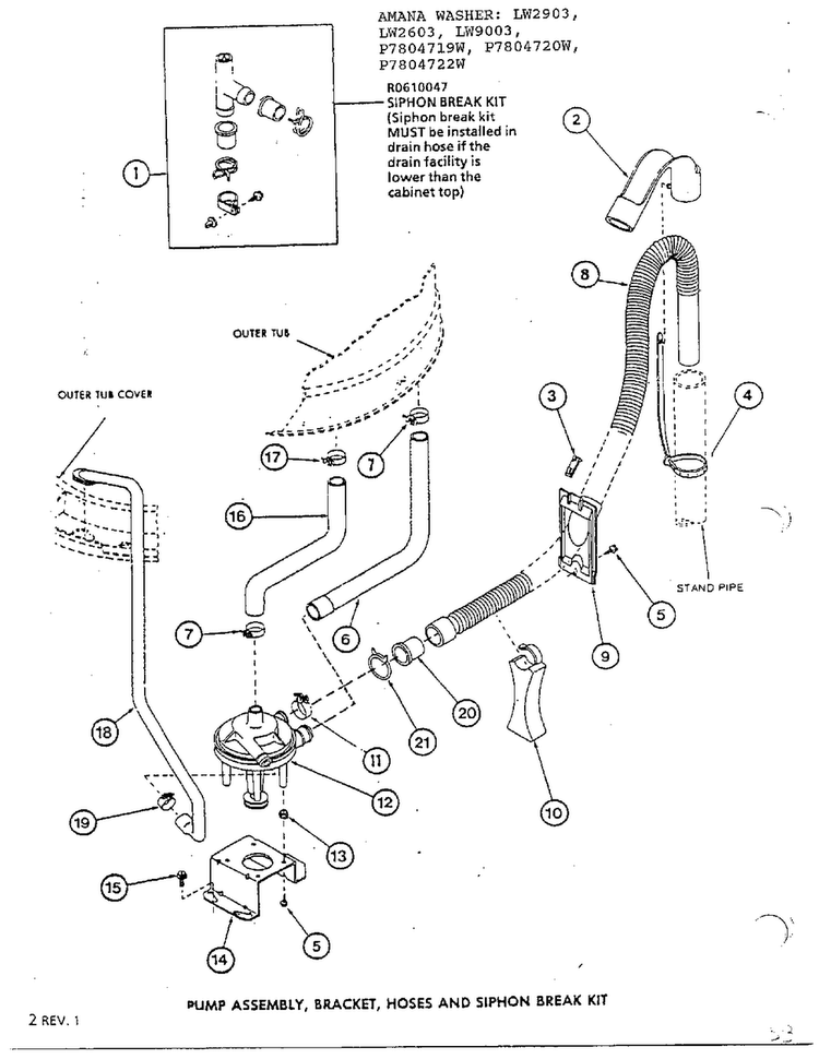 Pump Assy, Bracket, Hoses And Siphon Break Kit Diagram and Parts List for P7804719W  Amana Washer