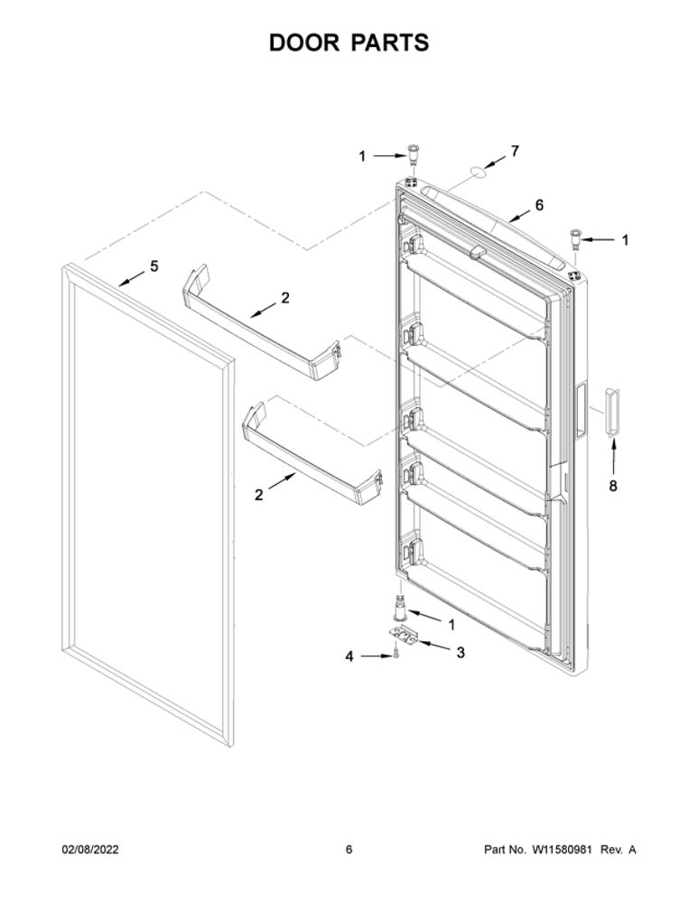 Door Parts Diagram and Parts List for MZF34X20DW06  Maytag Freezer