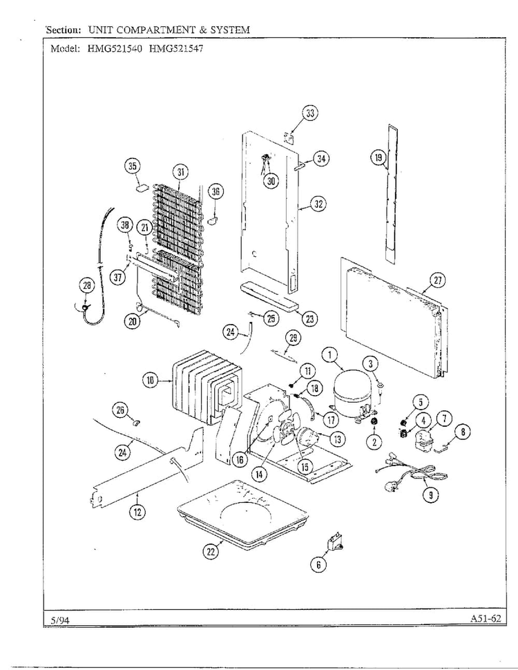 Unit Compartment And System Diagram and Parts List for 52154  Admiral Refrigerator
