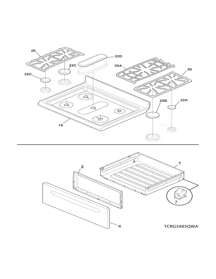 Top/drawer Diagram and Parts List for CRG3485QWA  Crosley Range