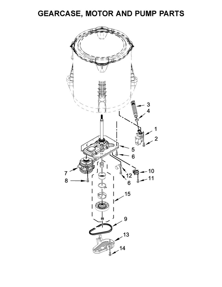 Gearcase, Motor And Pump Parts Diagram and Parts List for MAT20CSAWW0  Maytag Washer