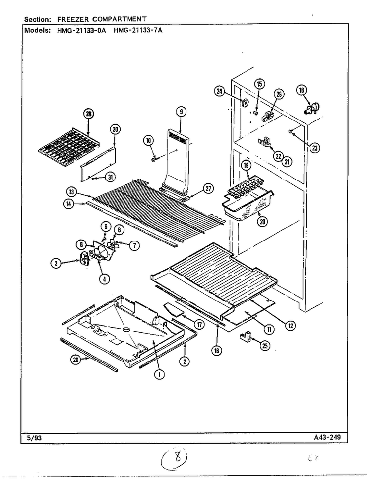 Freezer Compartment Diagram and Parts List for 21133-A  Admiral Refrigerator