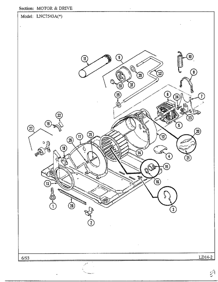 Motor And Drive Diagram and Parts List for 7543A REV A Norge Dryer