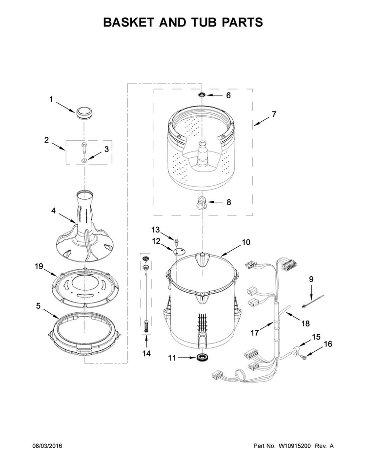 Basket And Tub Parts Diagram and Parts List for CAW8350EW2  Crosley Washer