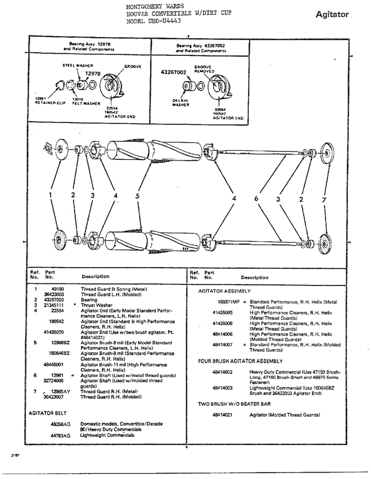 Hoover Convertible Agitator Diagram and Parts List for U4443  Hoover Upright Vacuum