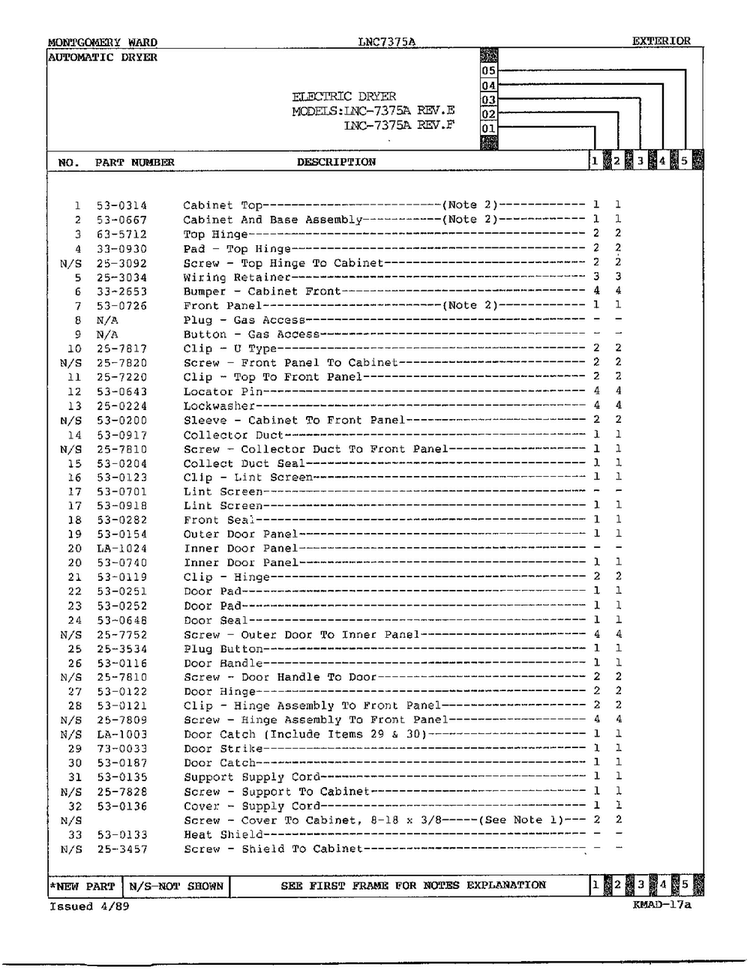 Electric Dryer/ Exterior Page 2 Diagram and Parts List for 7375A REV F Norge Dryer