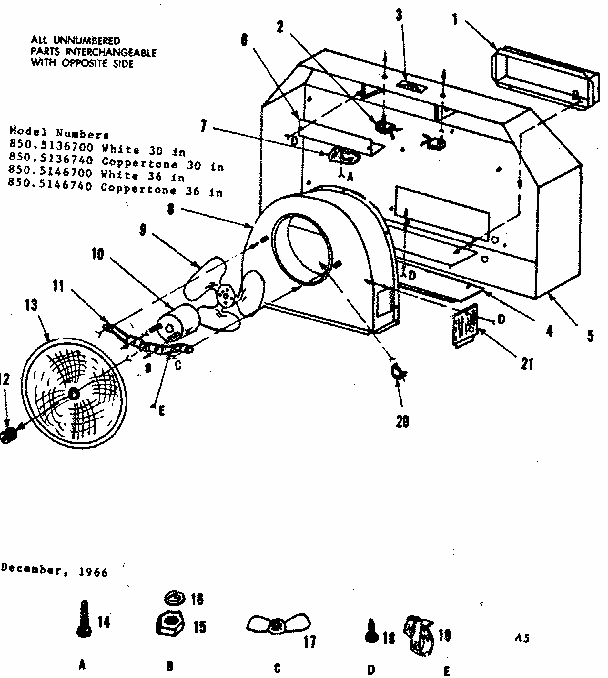 Range Hood Diagram and Parts List for 8505136700  Kenmore Range Hood