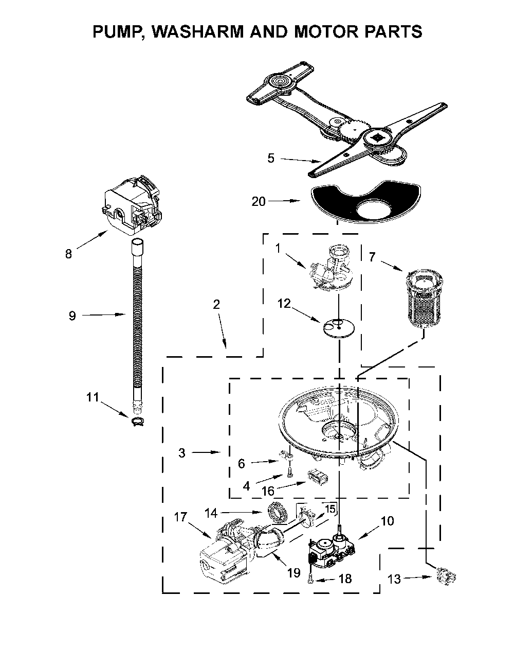Pump, Washarm And Motor Parts Diagram and Parts List for 66514752N512  Kenmore Dishwasher